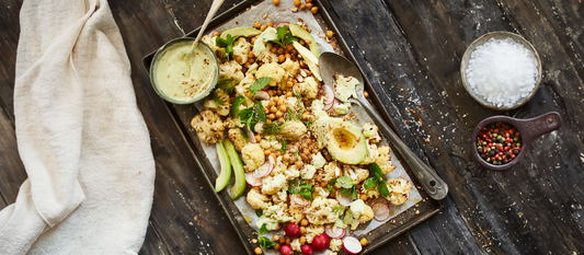 Almond Dukkah Roasted Cauliflower Salad with Avocado and Chickpeas
