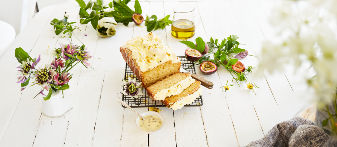 Olive Oil Passionfruit Loaf Cake
